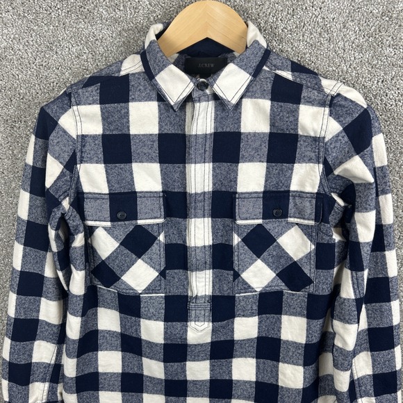 J Crew Blue White Plaid Flannel 1/2‎ Zip Women's XS Wool Blend - Picture 1 of 8